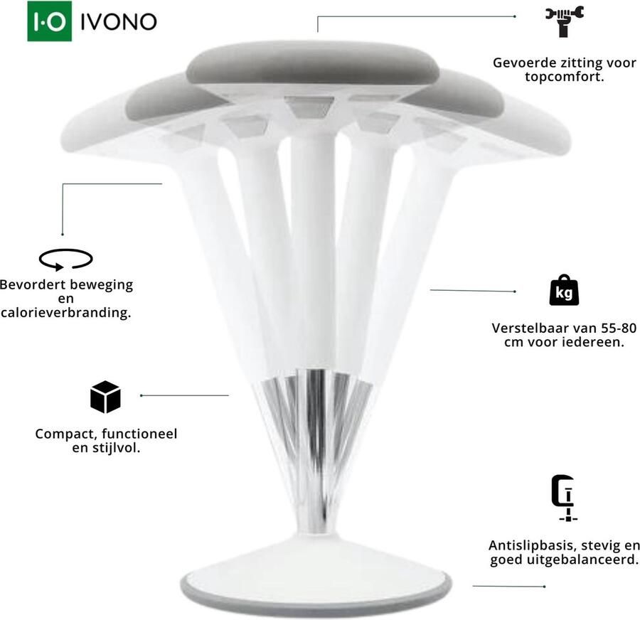 IVONO Ergonomische Zit-Sta Wiebelkruk Actieve Balansstoel in Grijs met Wit Verstelbare Hoogte 55-82cm Dynamische & Beweeglijke Bureaustoel Ideale Bureaukruk voor Zit-Sta Werkplekken Anti-Slip Basis Comfortabele & Gezond voor alle Lengtes