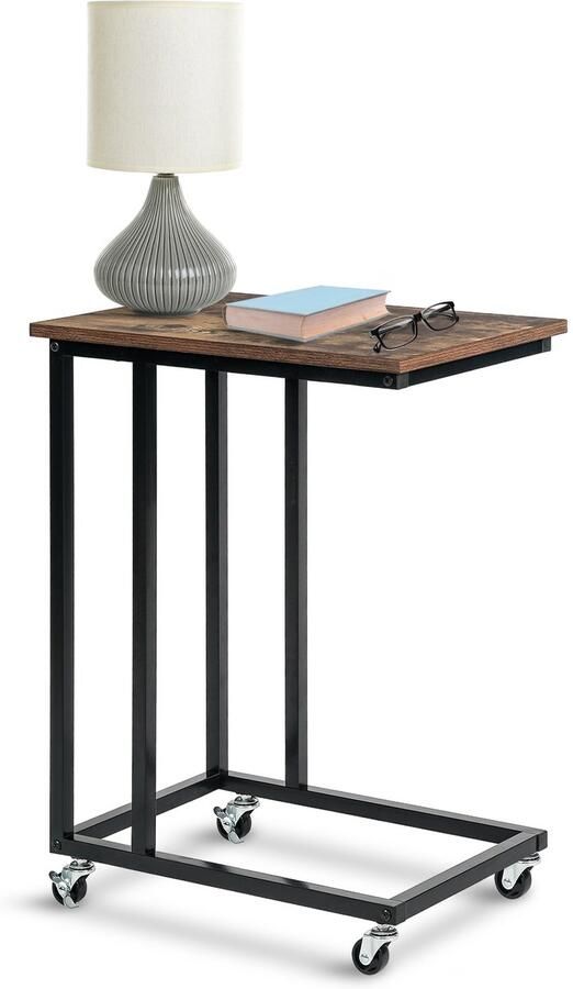 IvoQ Bijzettafel op Wieltjes – C-vorm – Industrieel – Rustiek Bruin – 50×35×67 cm – Verrijdbaar