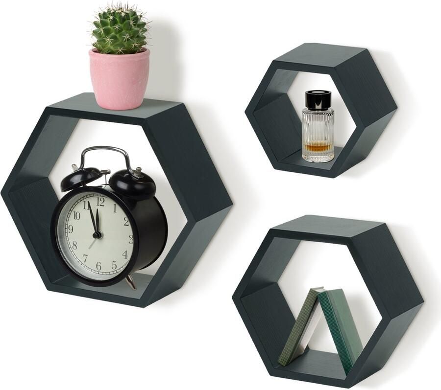 IvoQ Hexagon Wandplanken – Zwart – Set van 3 – Zwevende Wandplanken – Grenenhout – Modern Scandinavisch Design
