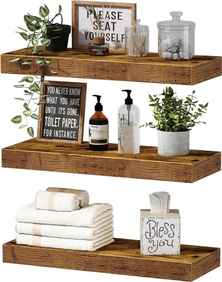 IvoQ Houten Zwevende Wandplanken Set van 3 Moderne Boerderij Stijl Perfect voor Woonkamer Badkamer Keuken