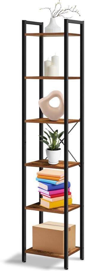 IvoQ Industriële Boekenkast – 6-laags – Smal & Hoog – 187 cm – Rustiek Bruin – Metalen Frame