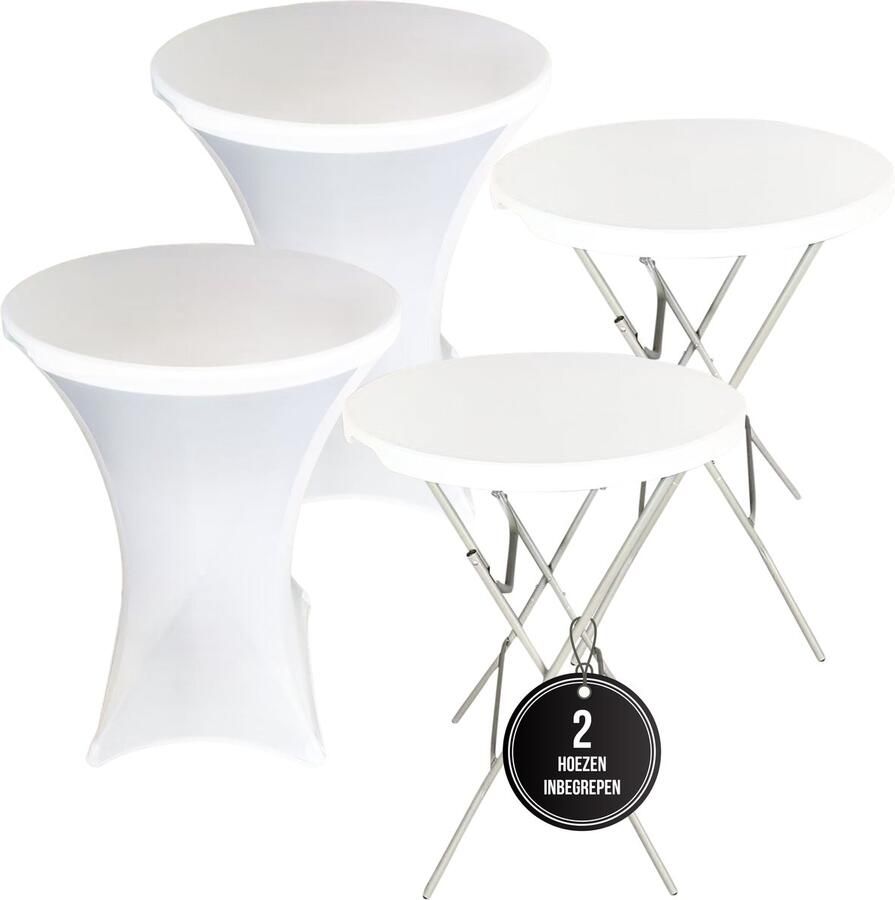 IvoQ Set van 2 Statafels Wit – Inclusief 2 Witte Stretchhoezen – Ø80 x 110 cm – Opvouwbaar – Partytafels voor Feest Tuin & Event