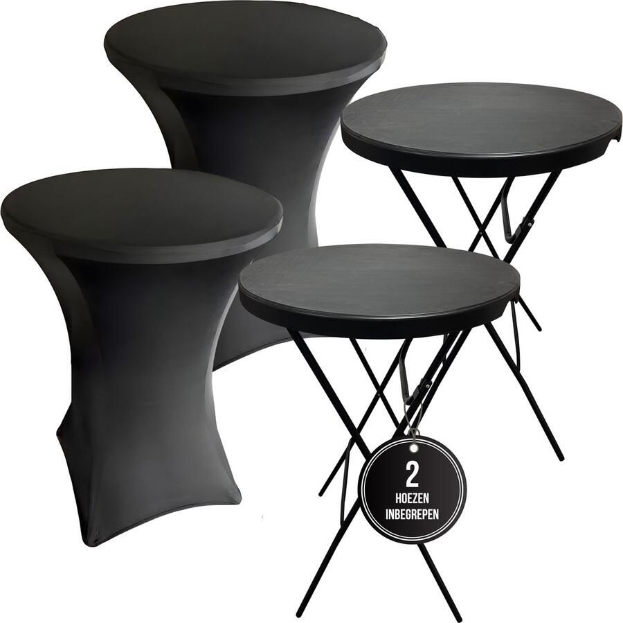 IvoQ Set van 2 Statafels Zwart – Inclusief 2 Zwarte Stretchhoezen – Ø80 cm x 110 cm – Opvouwbaar – Partytafels voor Feest Tuin & Event