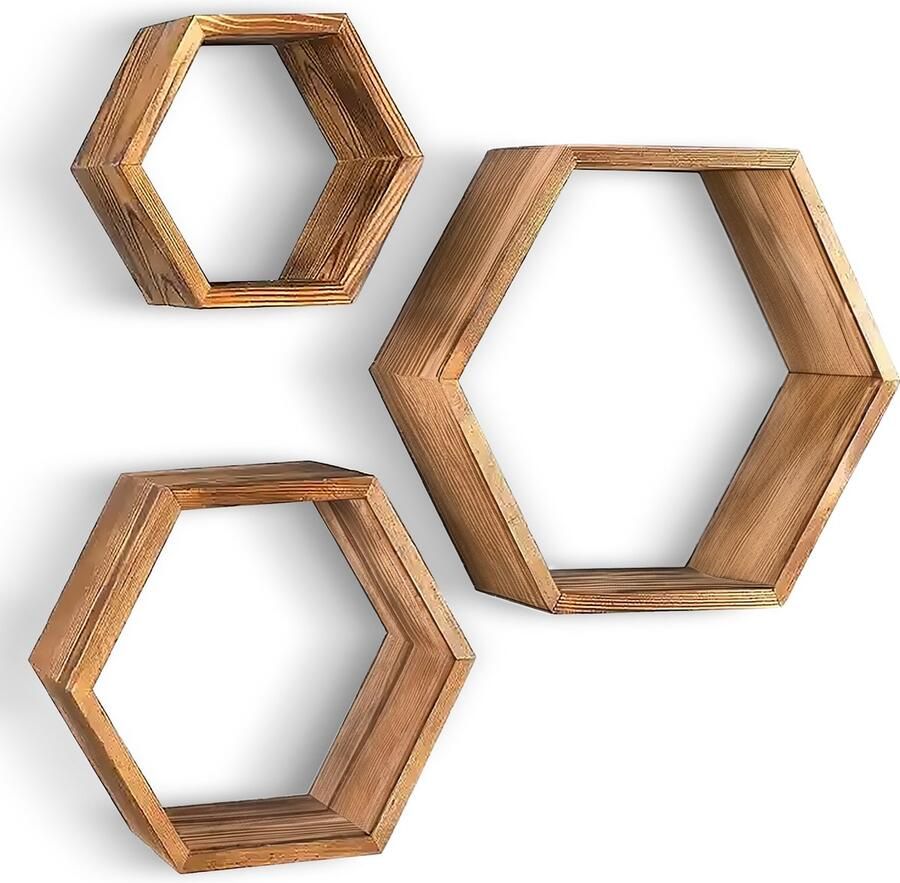 IvoQ Set van 3 Houten Hexagon Wandplanken Decoratieve Wandplanken Perfect voor Woonkamer Slaapkamer & Meer!