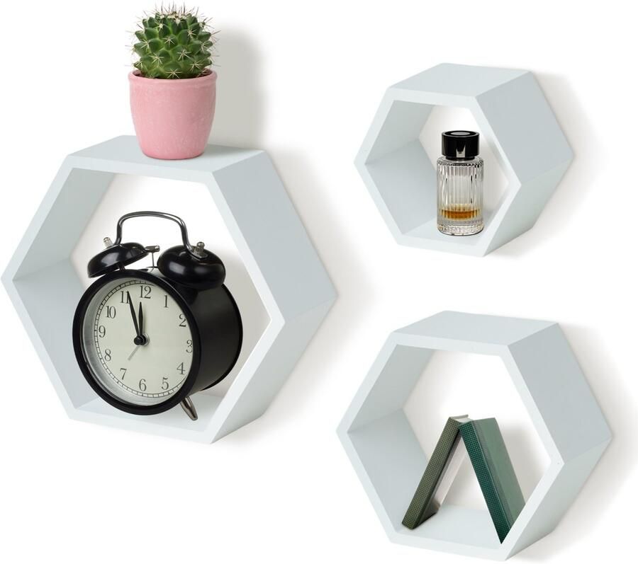 IvoQ Wandplanken Hexagon – Set van 3 – Hout – Wit Grenenhout – Zwevende Muurplanken – Inclusief Bevestiging