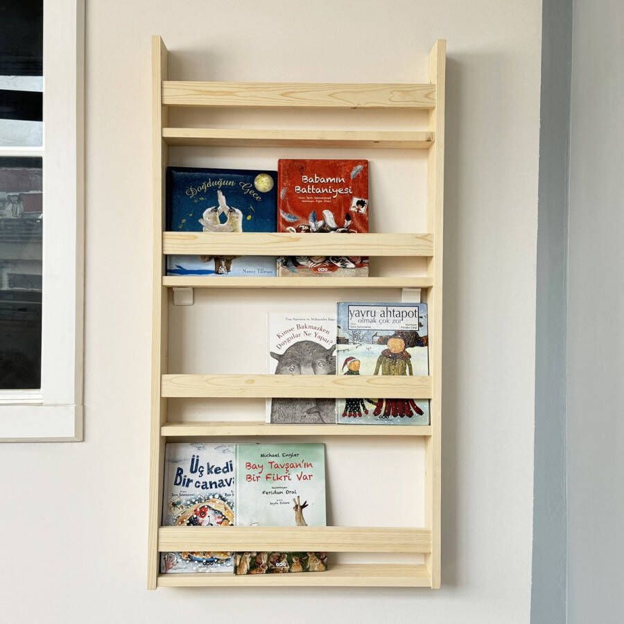 IWA Concept Boekenkast Kind Boekenrek Kinderkamer Montessori Boekenkast Educatieve Kinderboekenkast Massief Hout 118 x 63 cm