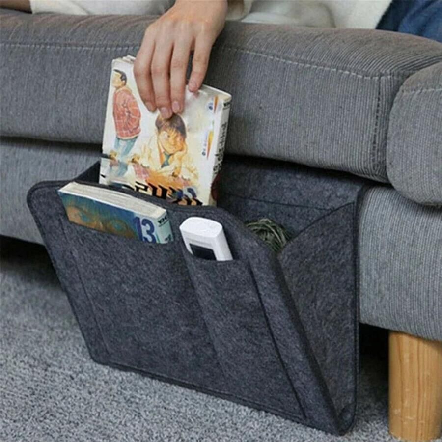 Ixen Bed organizer bed pocket nachtkastje bank organizer tijdschriften boeken afstandsbediening telefoon ipad opbergen vilt licht grijs