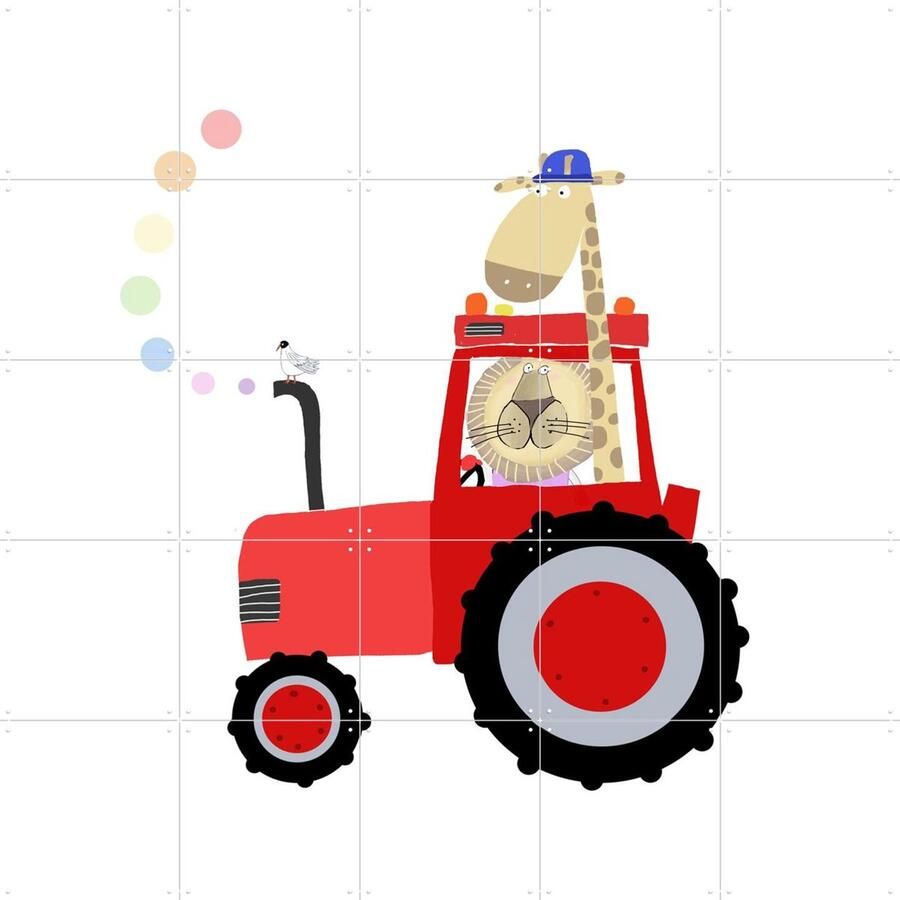 IXXI Giraffe and Lion in Red Tractor with Rainbow Spots Carla Daly 100 x 100 cm Gratis ophangtool Grote wanddecoratie en posters Cartoonesk