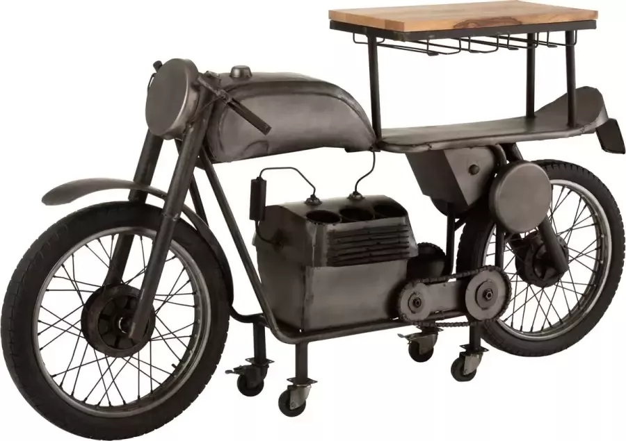 J-Line Bar Motorfiets 12Glazen 6Flessen Metaal Mango Hout Donkergrijs Naturel Vaderdag Geschenk Cadeau Voor Papa