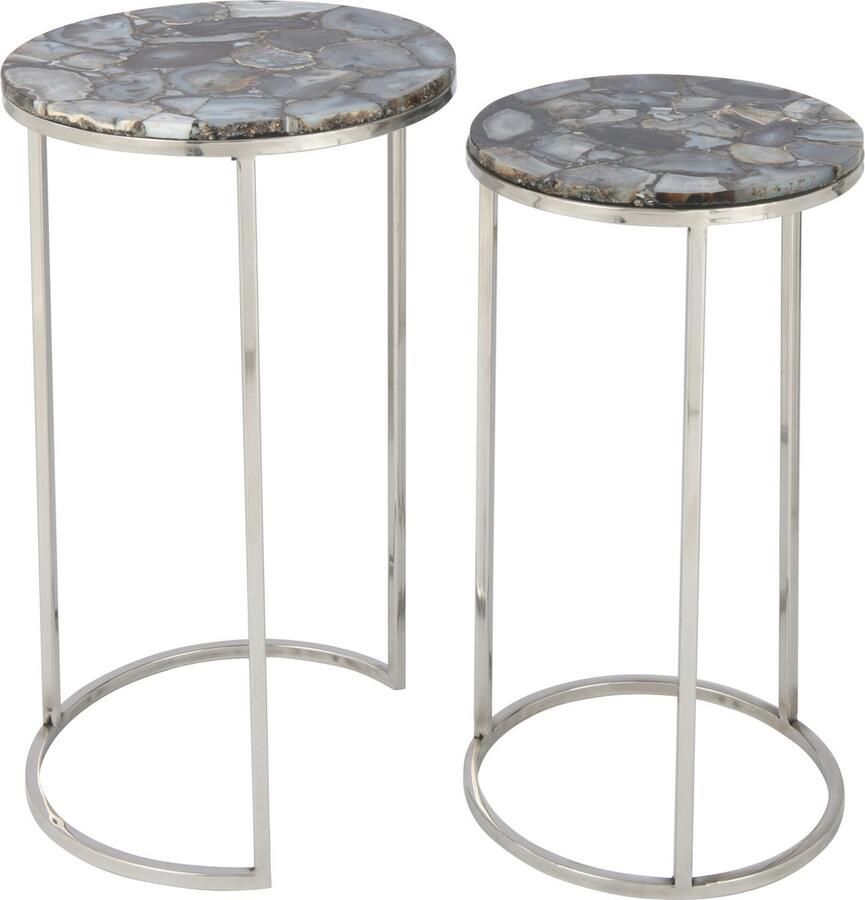 J-Line Set Van Twee Bijzettafels Agaat Steen Metaal Grijs Zilver