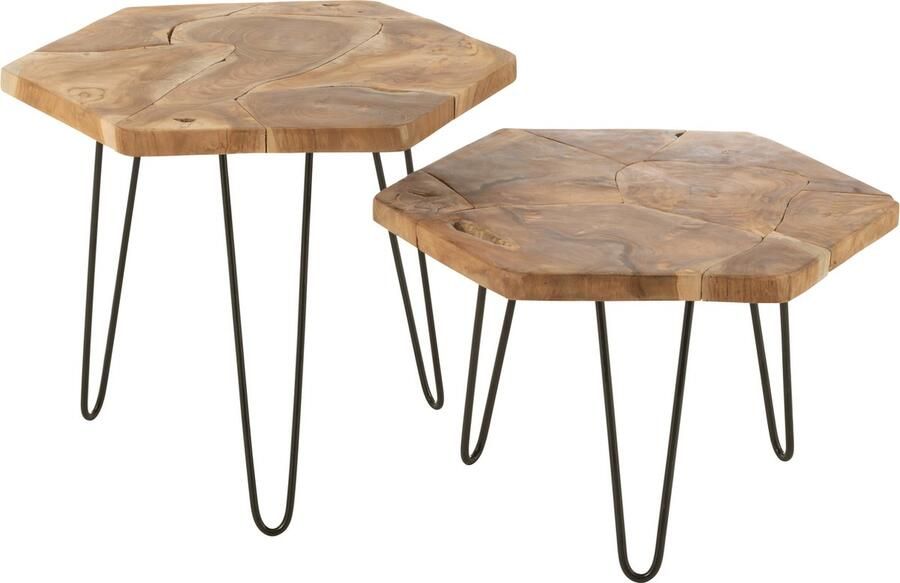 J-Line bijzettafel Hexagon hout metaal naturel set van 2 - Foto 2