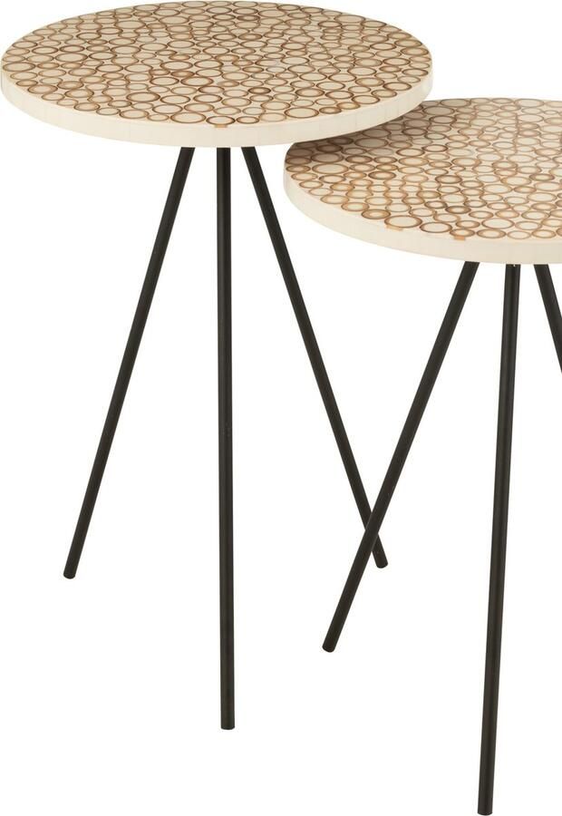 J-Line bijzettafel Ringen hout glas bruin wit set van 2