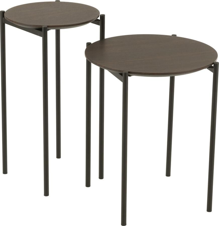 J-Line Set Van Twee Bijzettafels Rond Mdf Metaal Donkerbruin