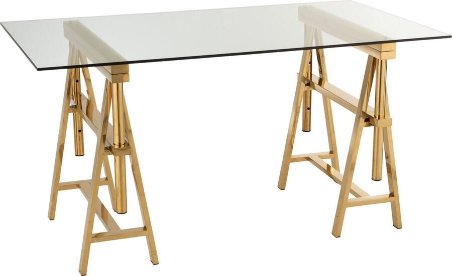 J-Line Bureau Verstelbaar Roestvrij Staal Glas Goud Transparant