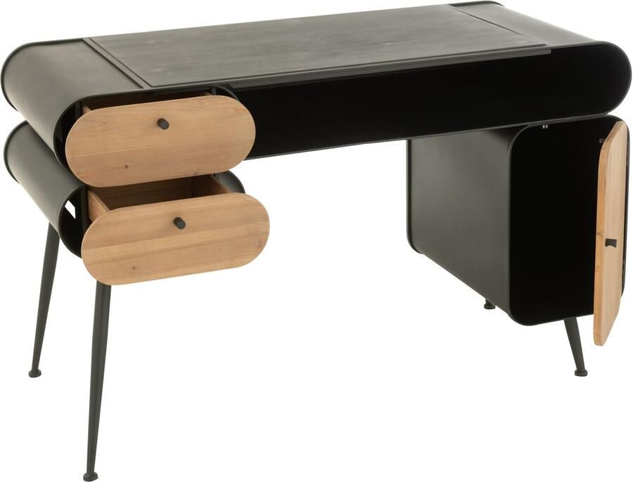 J-Line Bureau Wood And Metal Desk Dennenhout Zwart Lichtbeige