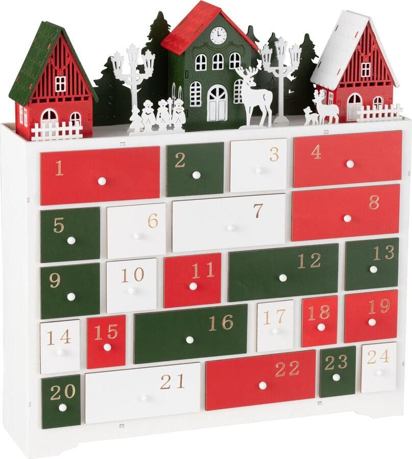 J-Line decoratie winter kast + huizen hout mix LED lichtjes kerstversiering