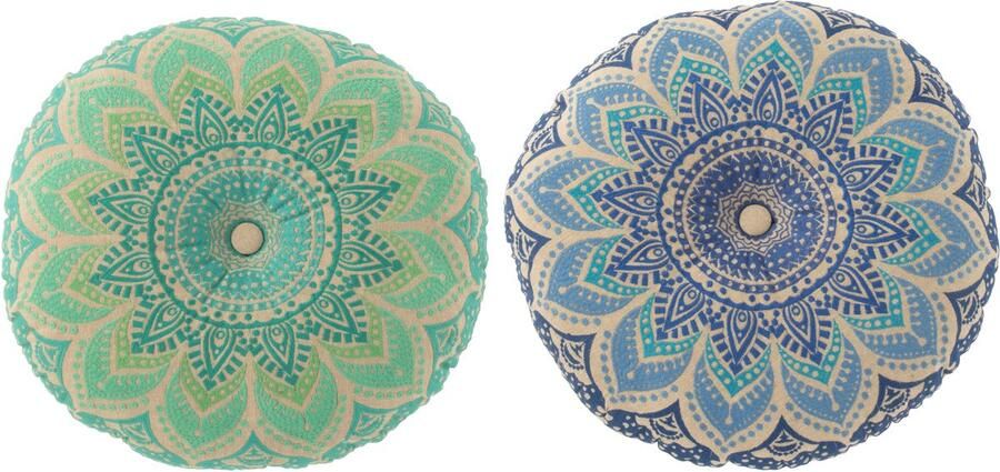 J-Line kussen Rond Bloem katoen turquoise|blauw 2 stuks