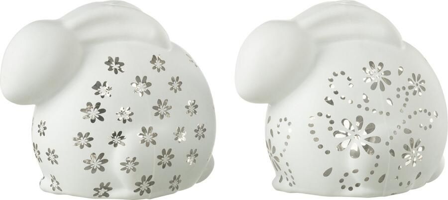 J-Line lamp Konijn Bloemen glas wit large 2 stuks LED lichtjes paasdecoratie