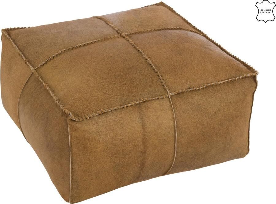 J-Line Poef Koehaar Leder Donker camel 50x50x32cm