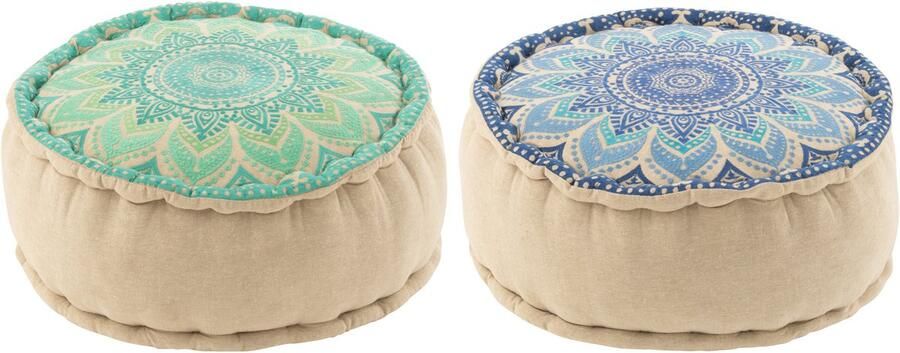 J-Line poef Rond Bloem katoen turquoise blauw 2 stuks