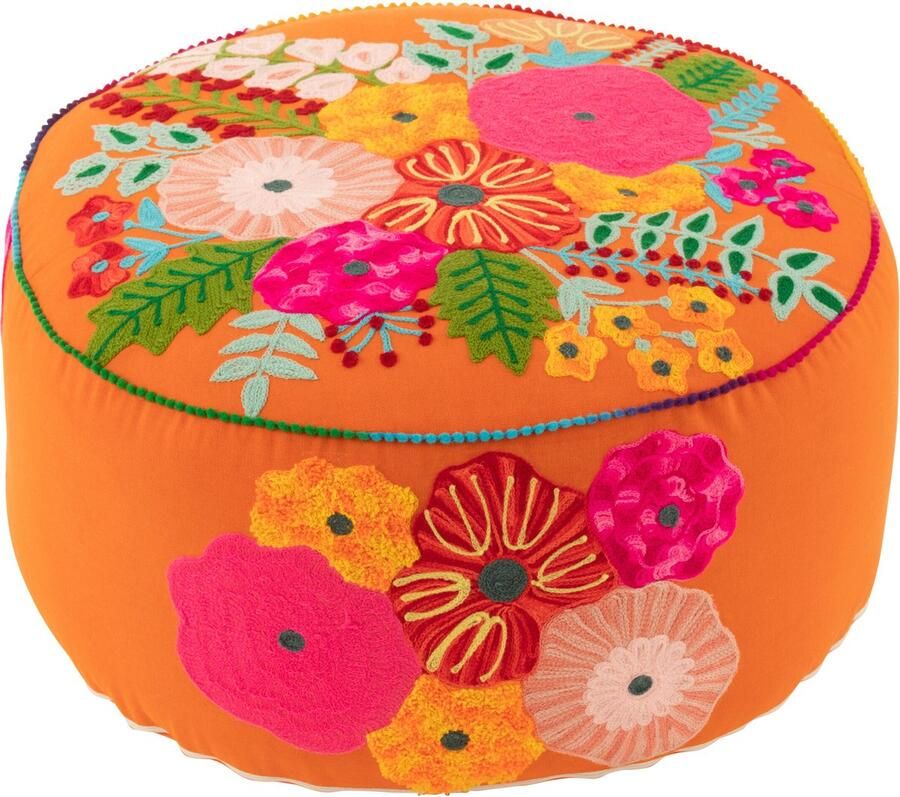 J-Line Poef Rond Bloemen Geborduurd Katoen polyester Oranje 50x50x35cm