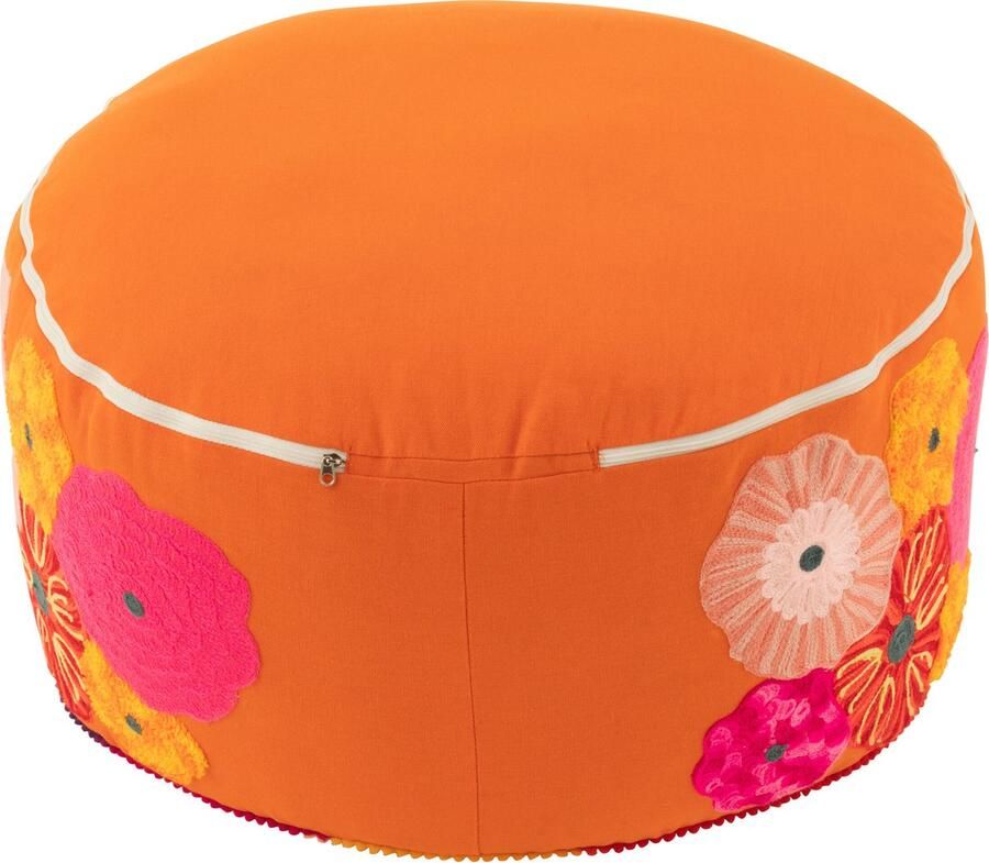 J-Line Poef Rond Bloemen Geborduurd Katoen Polyester Oranje