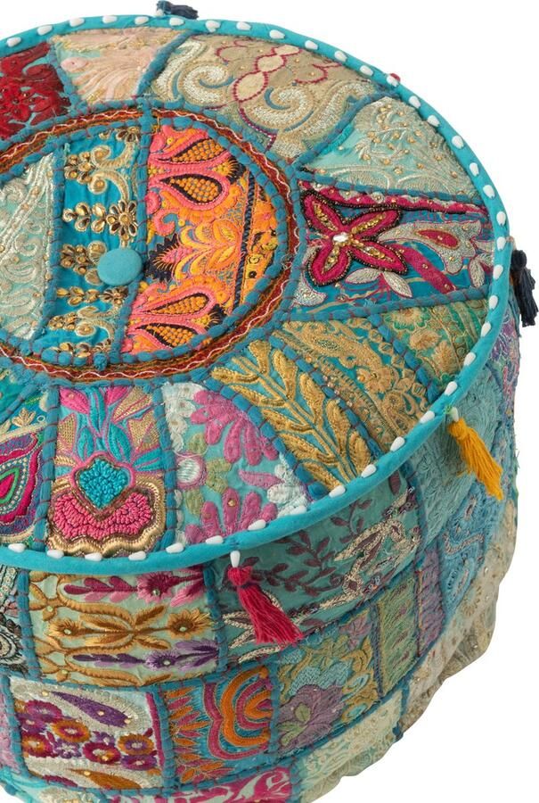 J-Line poef rond patronen + kwasten katoen blauw