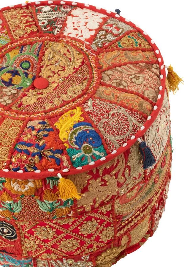 J-Line poef Rond Patronen + kwasten katoen rood