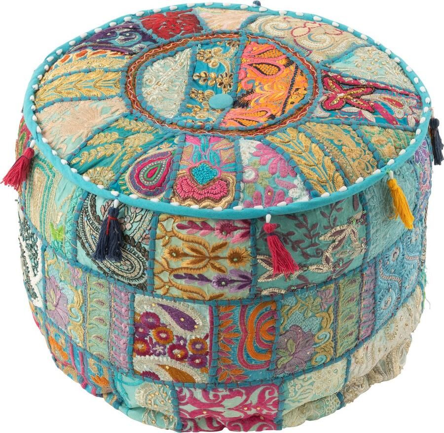 J-Line Poef Rond Patronen+kwasten Katoen Blauw 40x40x30cm