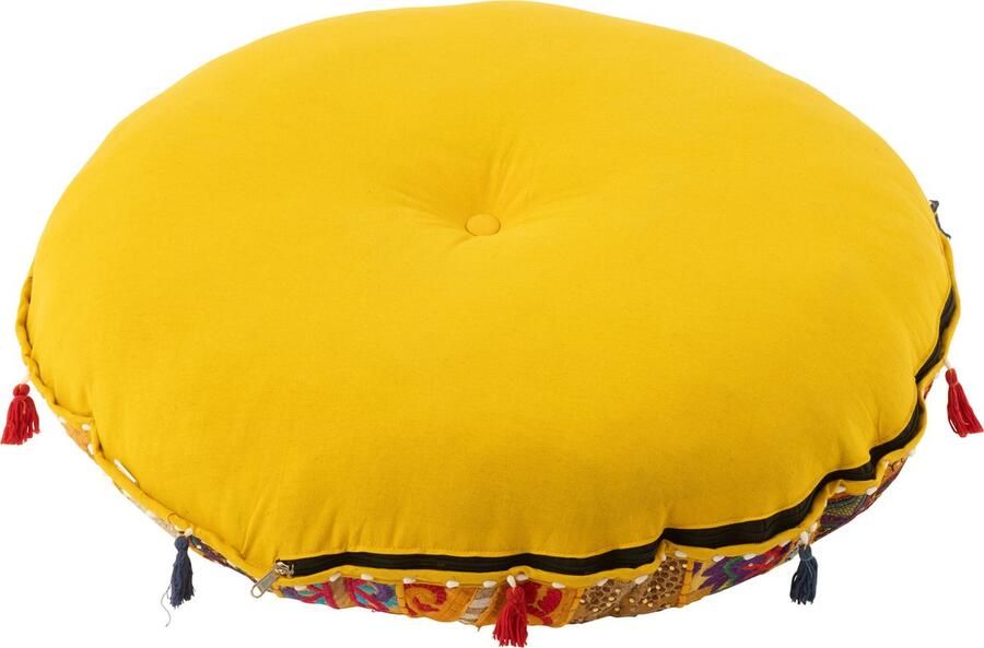 J-Line poef rond plat patronen + kwasten katoen geel