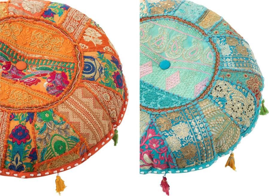 J-Line Poef Rond Plat Patronen+Kwasten Katoen Oranje Blauw Assortiment Van 2