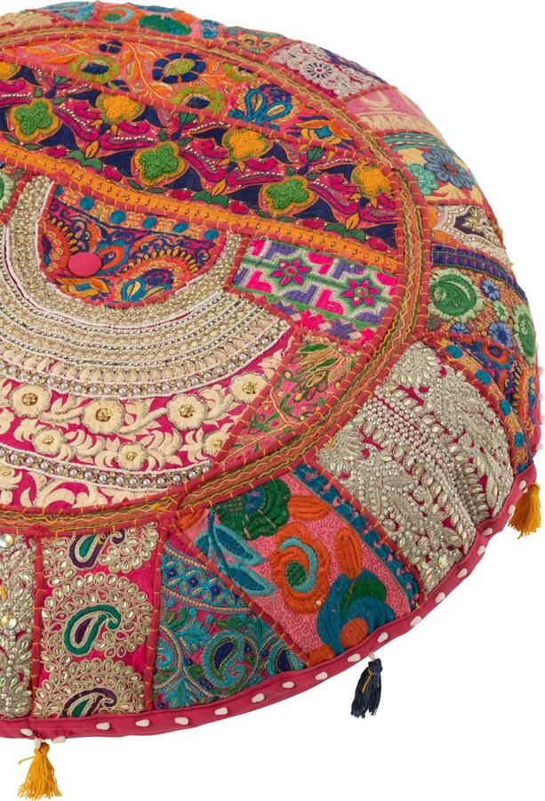 J-Line poef rond plat patronen + kwasten katoen roze