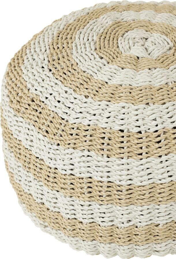 J-Line poef Rond Strepen Geweven kunststof wit naturel
