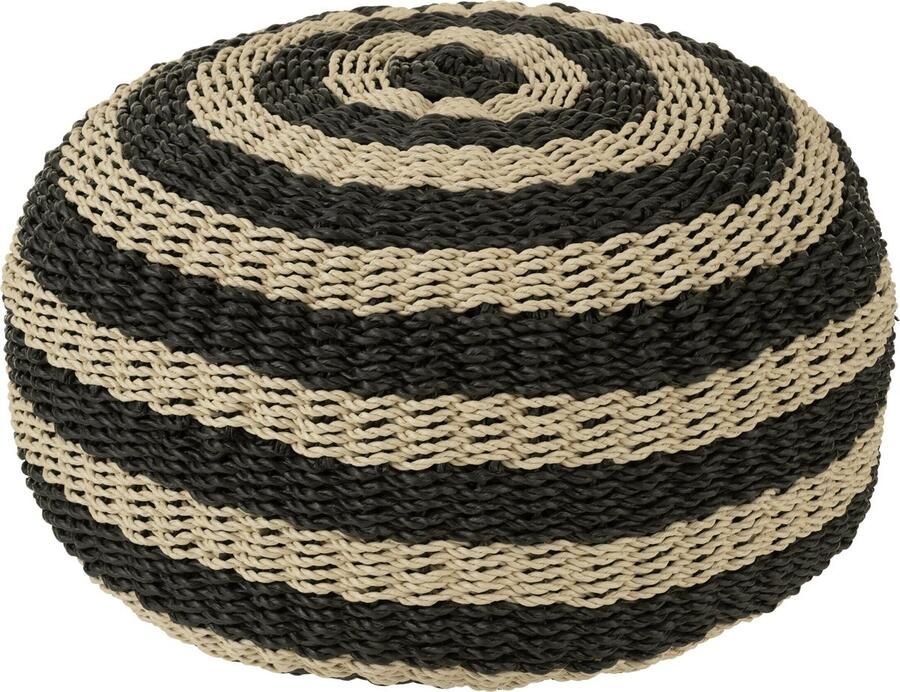 J-Line poef Rond Strepen Geweven kunststof zwart naturel