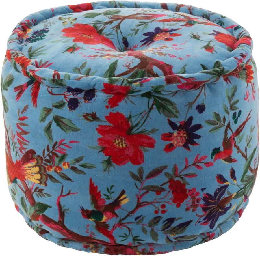 J-Line poef Rond Vogels Bloemen katoen fluweel blauw