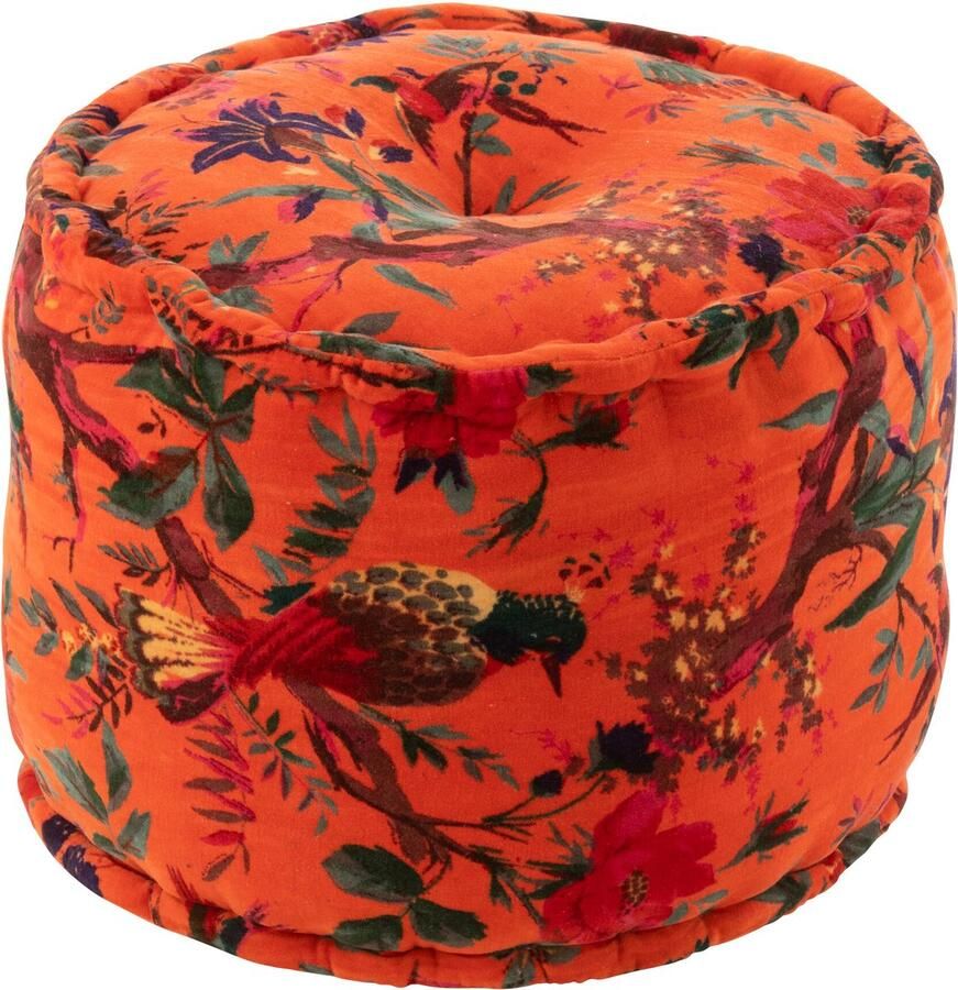J-Line poef Rond Vogels Bloemen katoen fluweel oranje