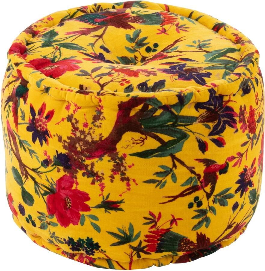 J-Line poef Rond Vogels Bloemen katoen fluweel geel