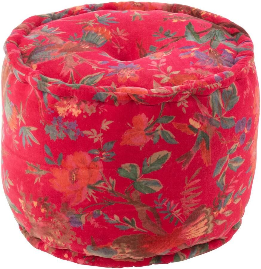 J-Line poef Rond Vogels Bloemen katoen fluweel roze