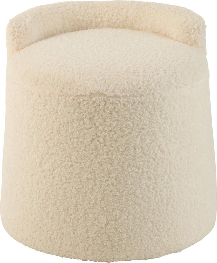 J-Line poef teddy rond + rugleuing bouclé textiel wit