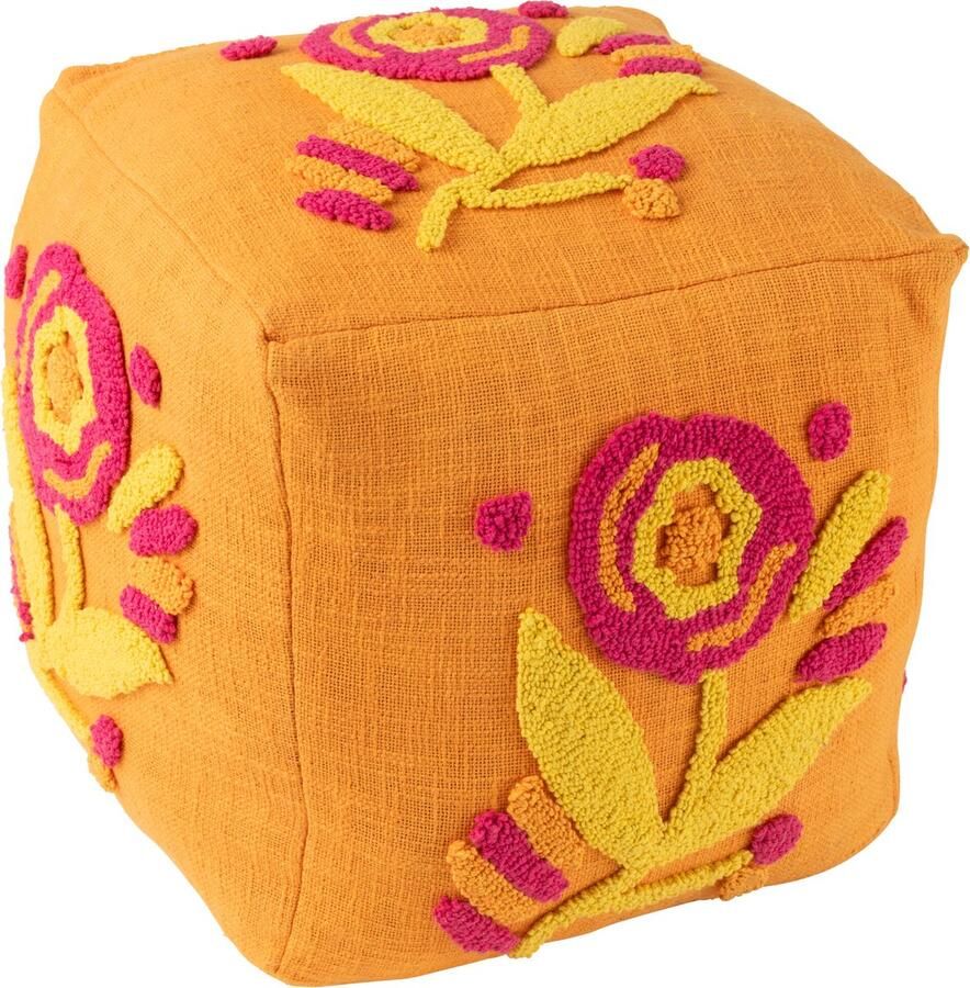 J-Line poef Vierkant Bloem katoen roze oranje geel