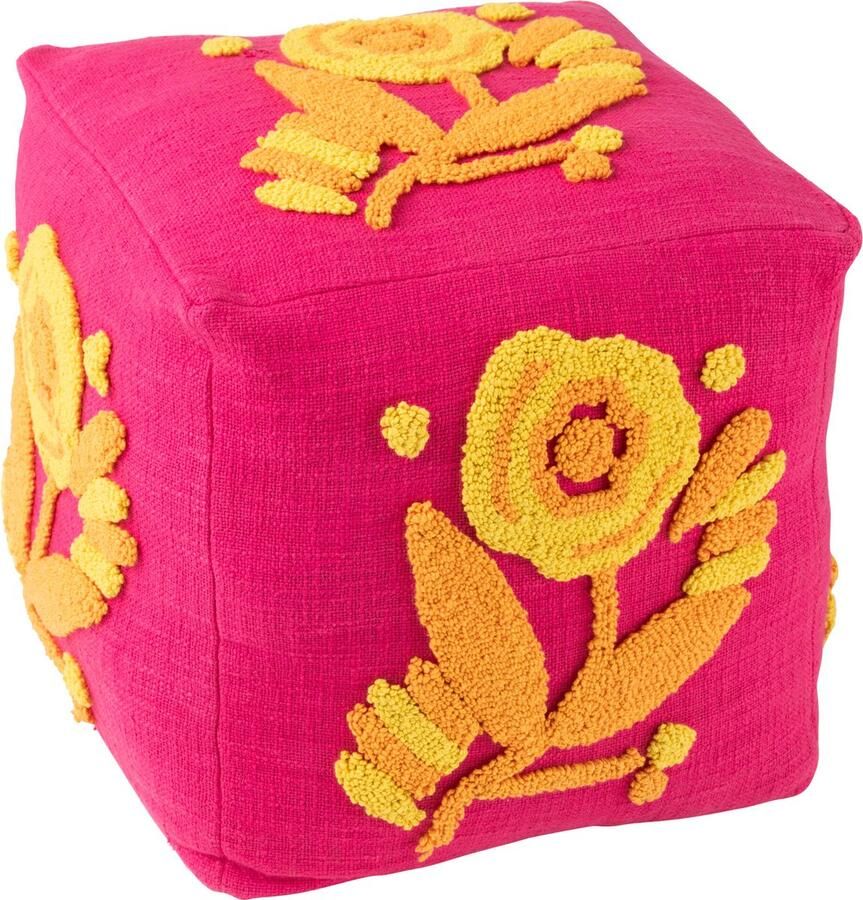 J-Line poef Vierkant Bloem katoen roze oranje geel