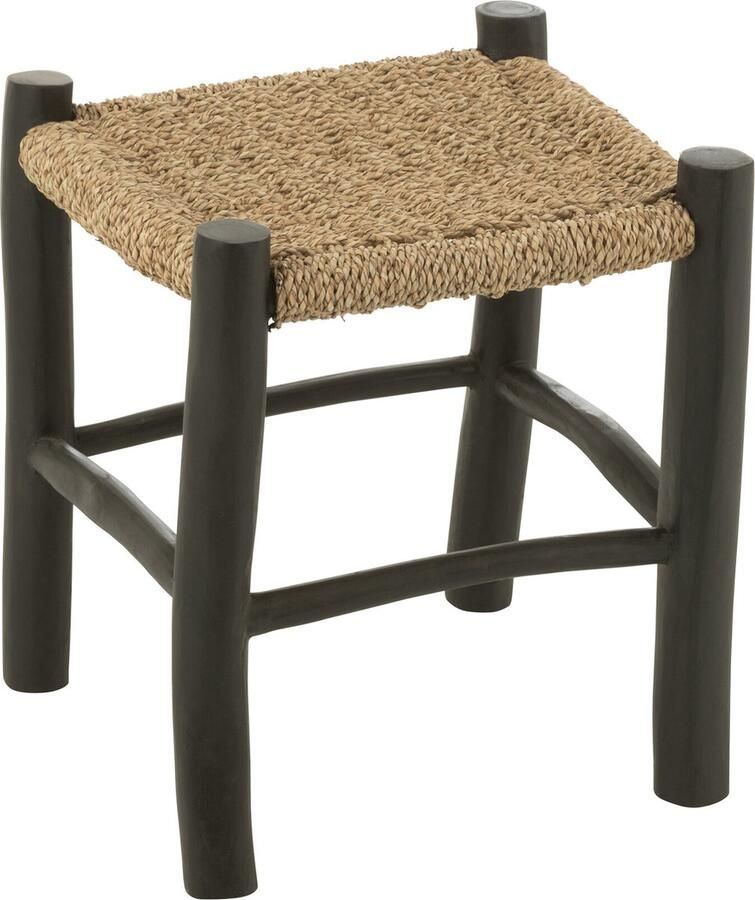 J-Line poef vierkant teak hout zeegras zwart naturel - Foto 2