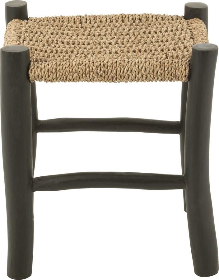 J-Line poef vierkant teak hout zeegras zwart naturel