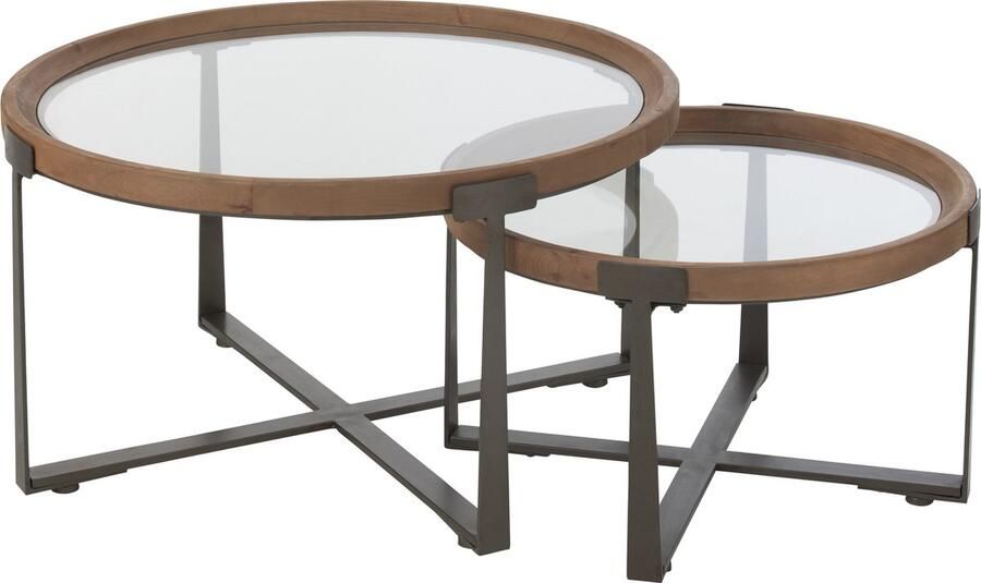 J-Line Set Van 2 Salontafel Luki Glas spar Hout Naturel zwart 80x80x43cm - Foto 2