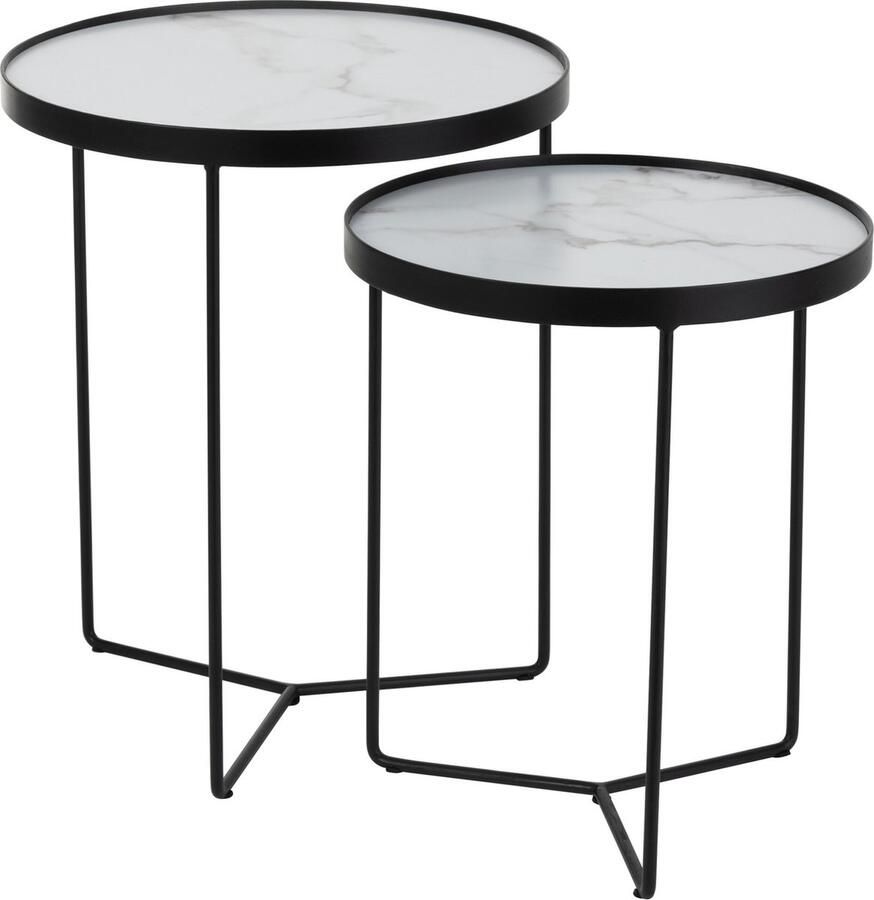 J-Line Set Van 2 Bijzettafels Rond Mdf ijzer Zwart wit Marmer 45x45x55cm