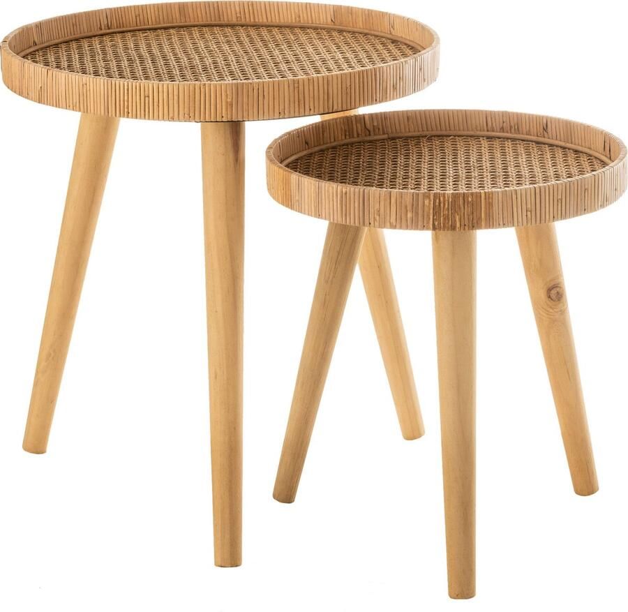 J-Line Set Van 2 Bijzettafels Rond Tripod Rotan Naturel 51x51x54.5cm