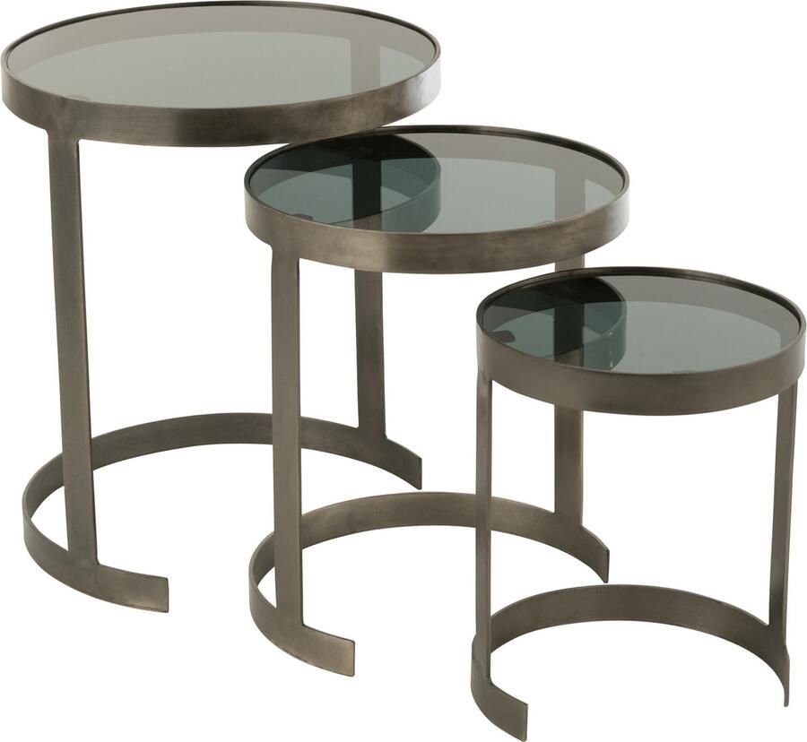 J-Line Set Van Drie Bijzettafels Rond Ijzer glas Grijs 45x45x54cm
