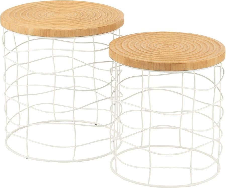 J-Line Set Van Twee Bijzettafels Ijzer Sparhout Naturel Wit