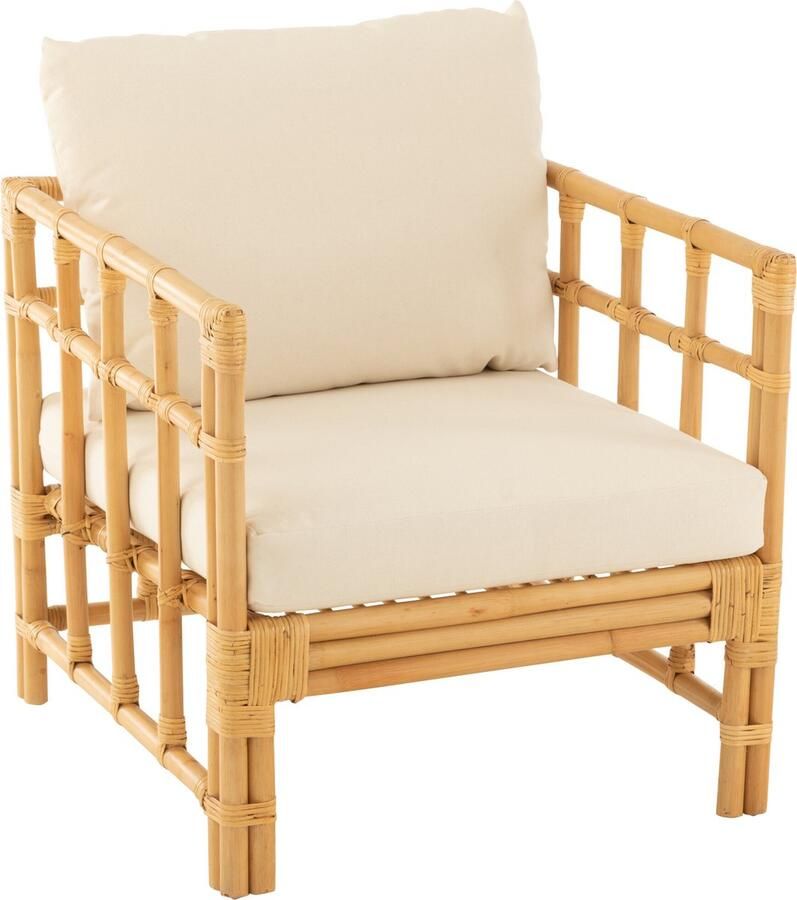J-Line Armstoel Elise+kussen Rotan|textiel Naturel|wit 67x73x64cm