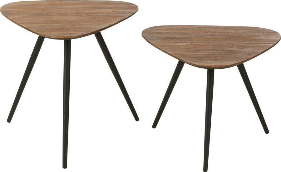 J-Line tafel Driehoek Gerecycleerd Teak hout glas naturel set van 2